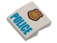 LEGO part Schräge, Courbe 2 x 2 x 2/3 avec motif Badge doré et cuivré avec étoile et contour noir, 'POLICE' bleu 15068pb046a