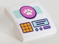 LEGO part Slope, Curved 2 x 2 x 2/3 with White Paw Print in Dark Pink Circle, Orange Keypad, Dark Blue Lines, Light Aqua Rectangle and Stripe Pattern (Sticker) - Set 41691 15068pb467
