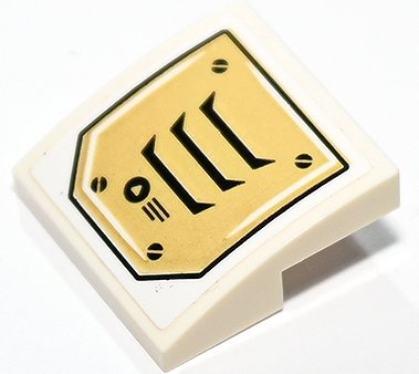 LEGO part Pente, Courbe 2 x 2 x 2/3 avec Motif de Ventilation Or, 4 Vis Noires, Lignes et Triangle sur Cercle (Autocollant) - Ensemble 70676 (15068pb564)