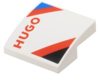 LEGO part Schräge, Gebogen 2 x 2 x 2/3 mit schwarzem und blauem Dreieck, rotem 'HUGO' und diagonalen Streifen Muster Modell linke Seite 15068pb606L
