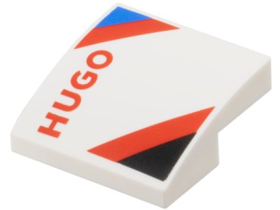 LEGO part Schräge, Gebogen 2 x 2 x 2/3 mit schwarzem und blauem Dreieck, rotem 'HUGO' und diagonalen Streifen Muster Modell linke Seite (15068pb606L)