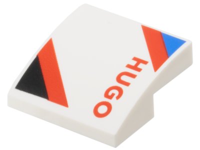 LEGO part Schräge, Curva 2 x 2 x 2/3 con Nero e Blu Triangoli, Rosso 'HUGO' e Diagonale Strisce Pattern Modello Lato Destro (15068pb606R)