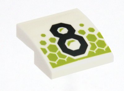 LEGO part Slope, Curved 2 x 2 x 2/3 with Black Geometric Number 8 and Lime Hexagons Pattern (15068pb681)