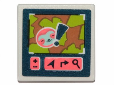 LEGO part Verkehrsschild 2 x 2 Quadrat mit Offener O Clip mit Bildschirm mit Korallen Faultier Kopf und Dunkelblauem Ausrufezeichen Muster (Aufkleber) - Set 41424 (15210pb072)