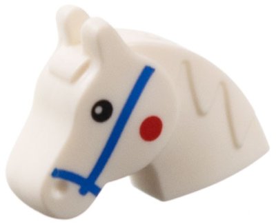 LEGO part Minifigure, Utensil Horse Head with Neck and Mane with Blue Bridle, Black Eyes, Red Spot on Cheeks Pattern (1703pb01)