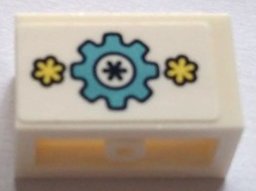 LEGO part Panel 1 x 2 x 1 White with Rounded Corners and 2 Sides with Metallic Light Blue Gear and Bright Light Yellow Flowers Pattern (Sticker) - Set 41329 (23969pb007)