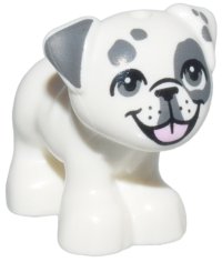 LEGO part Dog, Friends, Pug, Standing with Black Nose, Dark Bluish Gray Ears, Eyes and Spots and Bright Pink Tongue Pattern (Juno) 24111pb09