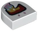 LEGO part Tile, Round 1 x 1 Half Circle Extended with Metallic Pink Nostrils and Dark Red Open Mouth with Gold, Metallic Light Blue, and Metallic Pink Vomit Pattern 24246pb035