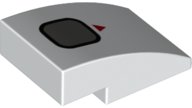 LEGO part Slope, Curved 3 x 2 with Red Triangle and Dark Bluish Gray Rounded Square with Black Border Pattern 24309pb028
