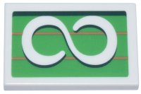 LEGO part Tile 2 x 3 with White Infinity Symbol on Bright Green Background with Dark Green and Medium Nougat Lines Pattern 26603pb357