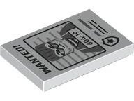 LEGO part Tile 2 x 3 with Black 'WANTED!' and Dark Bluish Gray Minifigure with '604-19' Pattern 26603pb380
