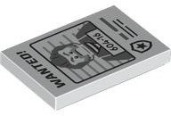 LEGO part Tile 2 x 3 with Black 'WANTED!' and Dark Bluish Gray Minifigure with '604-16' Pattern (26603pb381)