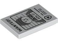 LEGO part Tile 2 x 3 with Black 'WANTED!' and Dark Bluish Gray Minifigure with '604-17' Pattern 26603pb388