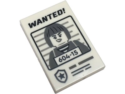 LEGO part Tile 2 x 3 with Black 'WANTED!' and Dark Bluish Gray Minifigure with '604-15' Pattern (26603pb389)