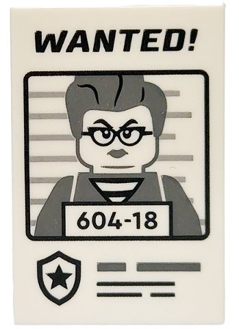 LEGO part Tile 2 x 3 with 'WANTED!' Poster with Minifigure Mugshot and '604-18' Pattern (26603pb395)