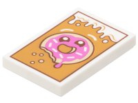 LEGO part Tile 2 x 3 with Dripping Icing, Crumbs, Tan Donut / Doughnut with Bite, Sprinkles, Dark Pink Frosting and Reddish Brown Eyes on Medium Nougat Background Pattern 26603pb473