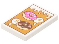 LEGO part Tile 2 x 3 with Dripping Icing, '.4' and '.5' Menu Prices, Tan Donuts / Doughnuts with Dark Pink and Reddish Brown Frosting on Medium Nougat Background Pattern 26603pb475