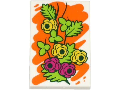LEGO part Tile 2 x 3 with Painting of Yellow and Magenta Flowers with Lime Leaves on Orange Background Pattern (BAM) (26603pb476)