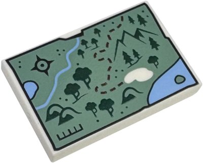 LEGO part Tile 2 x 3 with Map with Sand Green Land, Bright Light Blue Water, Dark Green Trees and Mountains, Black Compass Rose and Dark Red Dotted Line Pattern (26603pb498)