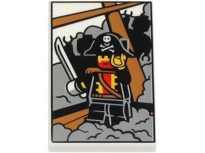 LEGO part Tile 2 x 3 with Picture of Pirate Captain Minifigure on Ship with Rigging, Light Bluish Gray Fog and Black Minifigure Silhouettes Pattern (BAM) (26603pb506)