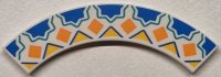 LEGO part Tile, Round Corner 4 x 4 Macaroni with Blue Half Stars with Dark Turquoise Outlines, Orange Squares and Bright Light Orange Triangles Pattern 27507pb17