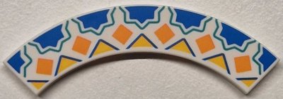 LEGO part Tile, Round Corner 4 x 4 Macaroni with Blue Half Stars with Dark Turquoise Outlines, Orange Squares and Bright Light Orange Triangles Pattern (27507pb17)