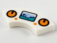 LEGO onderdeel Tile, Round Corner 2 x 2 Macaroni with Orange Circle Control Pads and Buttons and Display with Sky, Grass and Tree Pattern 27925pb003