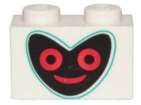 LEGO part Brick 1 x 2 with Black Heart Shape Face with Dark Turquoise Outline and Red Eyes and Mouth Pattern 3004pb190