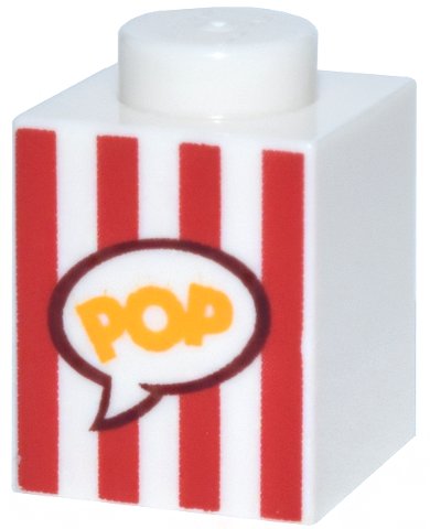 LEGO part Stein 1 x 1 mit roten vertikalen Streifen und gelbem 'POP'-Muster in Sprechblase (Popcornschachtel) (3005pb028)