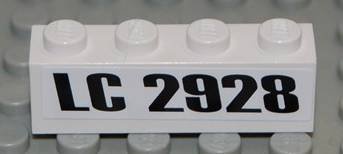 LEGO part Stein 1 x 4 with Black 'LC 2928' Pattern (Sticker) - Set 2928 (3010pb065)
