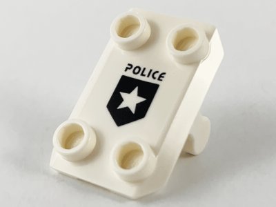 LEGO part Plate, Modified 2 x 3 Inverted with 4 Studs and Bar Handle on Bottom (Rocker Plate) with Black 'POLICE' and Shield with Star Pattern (30166pb02)