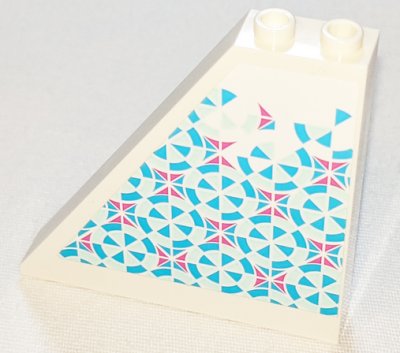LEGO part Slope 55 6 x 1 x 5 without Bottom Stud Holders with Dark Pink, Light Aqua and Medium Azure Mosaic Tiles Pattern Model Left Side (Sticker) - Set 41347 (30249pb08L)