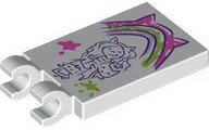 LEGO part Tile, Modified 2 x 3 with 2 Open O Clips with Dark Purple Drawing of Gabby and Kittens, Dark Pink, Lavender and Lime Rainbow with Cat Ears Painting and Paint Splotches Pattern (30350bpb188)