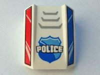 LEGO part Slope, Curved 2 x 2 Lip with 'POLICE', Badge, Grille and Red and Blue Sides Pattern (10687) 30602pb082