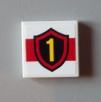 LEGO part Tile 2 x 2 with Yellow Number 1 Fire Logo Badge on Red Stripe Pattern (Sticker) - Set 60004 3068pb0632
