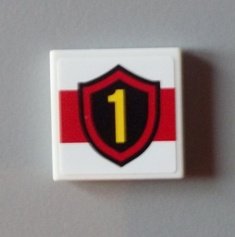 LEGO part Tile 2 x 2 with Yellow Number 1 Fire Logo Badge on Red Stripe Pattern (Sticker) - Set 60004 (3068pb0632)