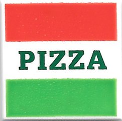 LEGO part Fliese 2 x 2 mit roten und grünen Streifen und dunkelgrünem 'PIZZA'-Muster (Pizzakarton) (3068pb1045)
