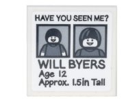 LEGO part Tile 2 x 2 with Black 'HAVE YOU SEEN ME?', 'WILL BYERS', 'Age 12', 'Approx. 1.5in Tall' Pattern (Sticker) - Set 75810 3068pb1282