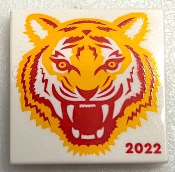 LEGO part Tile 2 x 2 with Bright Light Orange and Red Tiger Head and '2022' Pattern (BAM) (3068pb1891)