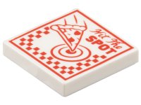 LEGO part Tile 2 x 2 with Pizza Box with Red 'Hit The SPOT', Slice, Target, and Checkered Pattern 3068pb2287