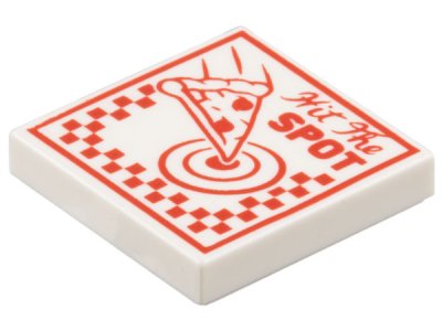 LEGO part Tile 2 x 2 with Pizza Box with Red 'Hit The SPOT', Slice, Target, and Checkered Pattern (3068pb2287)