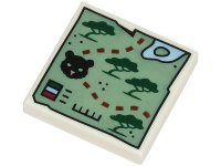 LEGO part Tile 2 x 2 with Map with Sand Green Land, Dark Green Trees, Black Tiger Head and Dark Red Dotted Line Pattern 3068pb2391