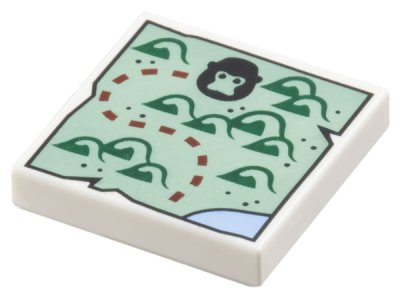 LEGO part Tile 2 x 2 with Map with Sand Green Land, Dark Green Hills, Black Gorilla Head and Dark Red Dotted Line Pattern (3068pb2392)