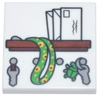 LEGO part Tile 2 x 2 with Reddish Brown Shelf, Letters, Light Bluish Gray Keys, Bright Green Sunflower Lanyard and Beetle Keychain Pattern 3068pb2559
