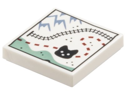 LEGO part Tile 2 x 2 with Map, Sand Blue Mountains, Black Train Tracks and Wolf Head, Reddish Brown Dotted Line Path, Sand Green Area Pattern (3068pb2658)