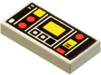 LEGO part Fliese 1 x 2 mit Roten und Gelben Kontrollelementen und zwei weißen Streifen links-Muster 3069p68