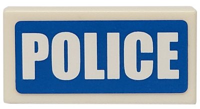 LEGO part Tile 1 x 2 with White 'POLICE' Thick Font on Blue Background Pattern (Sticker) - Sets 7235-2 / 7236-2 / 7744 / 60023 (3069pb0111)