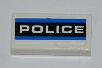 LEGO part Piastrella 1 x 2 with Blue Stripes and White 'POLICE' on Black Background Pattern (Sticker) - Set 8197 (3069pb0190)