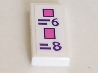 LEGO part Tile 1 x 2 with Dark Pink Rectangles, Dark Purple Price Chart with '=6' and '=8' Pattern (Sticker) - Set 41332 (3069pb0895)