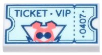 LEGO part Tile 1 x 2 with Light Aqua Ticket with Tear Stub, Dark Blue 'TICKET VIP' and '0407' and Ley-La Mini Doll Silhouette with Coral Hair Pattern 3069pb1214
